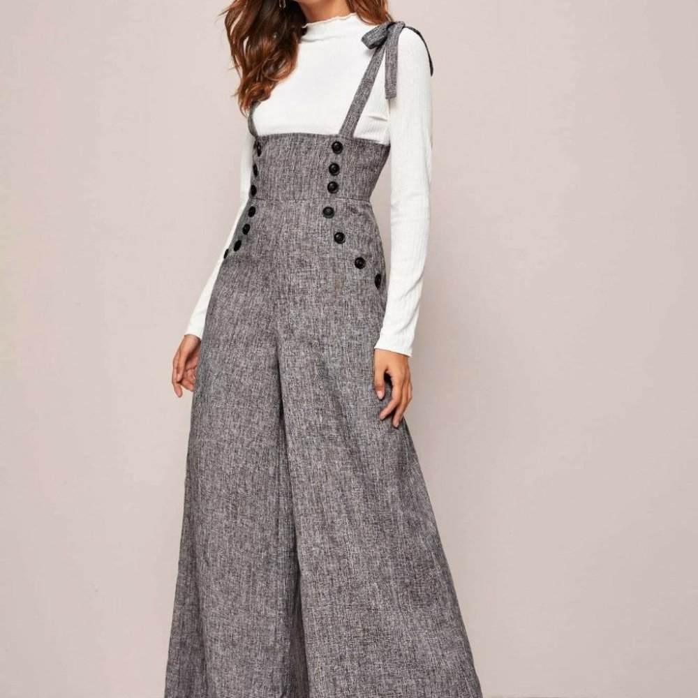 GRAY LINEN LOOK POCKETED SUSPENDER JUMPSUIT CHIC CLASSY FALL WINTER - Picture 2 of 7
